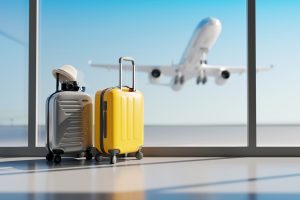 Suitcases in airport. Travel concept. 3d rendering Suitcases in airport. Travel concept. 3d rendering